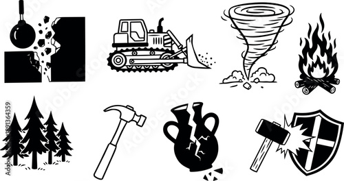 Monochrome vector art of wrecking ball demolishing wall, bulldozer pushing debris, tornado swirling objects, campfire burning logs, and hammer breaking vase and shield