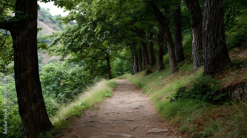 Obraz premium A dirt path winds through a green forest on a wooded hillside lined with trees