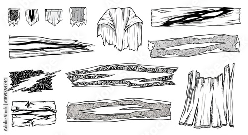 A collection of torn paper and fabric textures in various styles and patterns.