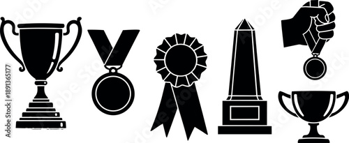 Black silhouette trophy cup medal ribbon obelisk and hand holding medal vector icons set in minimalist design style