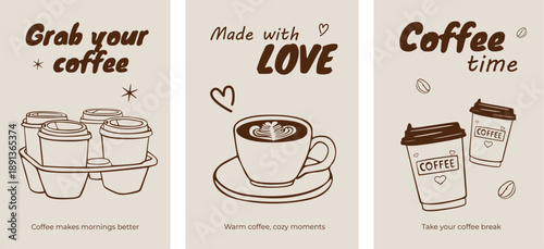 Cozy Coffee Poster Set, Hand Drawn Cafe Illustrations
