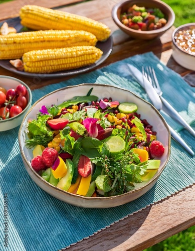Vibrant summer salad bowls on outdoor wooden table