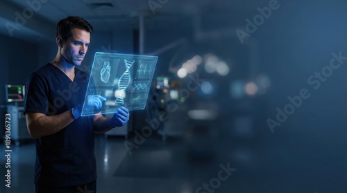Professional doctor interacting with complex holographic medical data interface against a dark blue background with negative space for banner design.