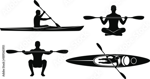 Kayaking and paddle exercise silhouettes, seated and squatting poses, top-down and side views for sport, fitness, and training design