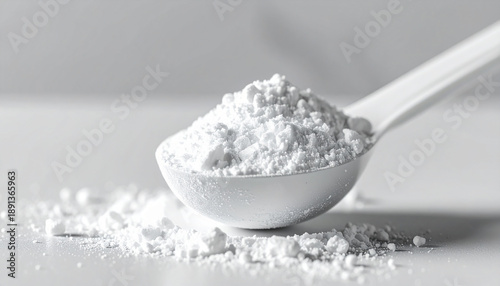 White powdered dietary supplement in measuring scoop, collagen nutrition. Codium benzoate, citric acid