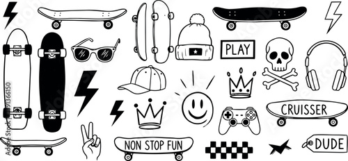 Black and white line art skateboard vector set with hats sunglasses headphones skull crown and gaming controller icons