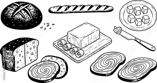 Hand drawn vintage style assortments of bread types with butter and spread knife on plain background in black and white