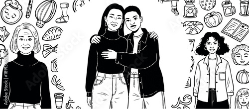 Black and white vector art of diverse women in casual clothing hugging and smiling gently with fall themed doodles background