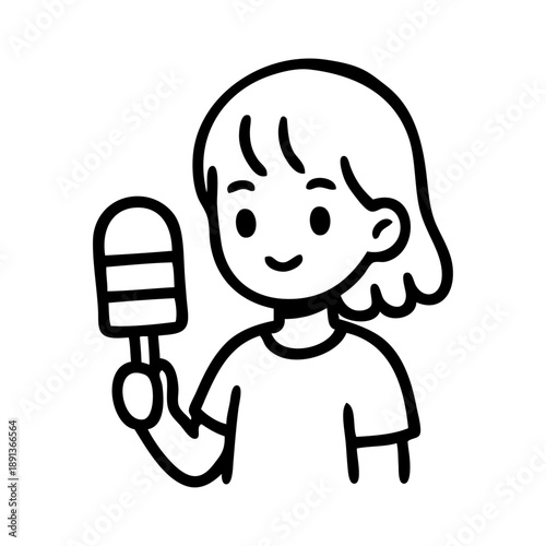 Dibujo sencillo de una niña comiendo un helado de paleta con líneas