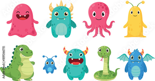 Cute cartoon monsters and fantasy creatures collection with colorful characters and playful expressions vector illustration