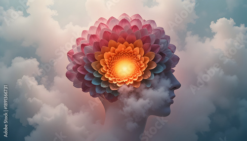Vibrant flower blooms in serene human mind with cloudy sky background