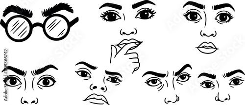 Minimalist line art facial expressions set showing thoughtful confused surprised tense eyes and glasses icons in black stroke
