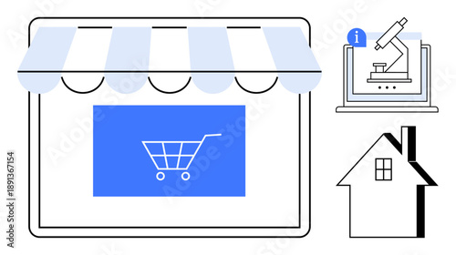 E-commerce, remote work, scientific research, digital marketplaces, home-based business, online education. Shopping cart on storefront, microscope on computer house icon. E-commerce and remote work