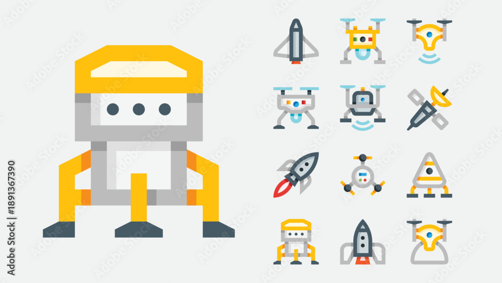 Fototapeta premium Spaceships and sci fi spacecraft icons set