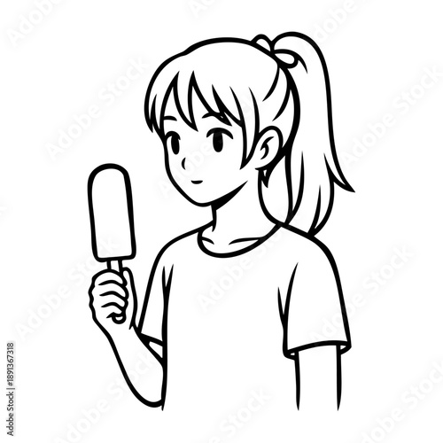 Dibujo sencillo de una niña comiendo un helado de paleta con líneas