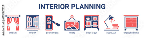 Interior Planning web banner icon vector illustration concept with icon of curtain, window, door handle, frame, book shelf, desk lamp, and cabinet drawer.