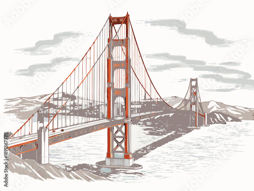 Illustration of the golden gate bridge with stylized clouds and water