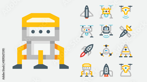 Spaceships and sci fi spacecraft icons set