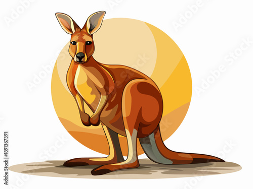 Illustration of a reddish brown kangaroo standing against a warm yellow backdrop