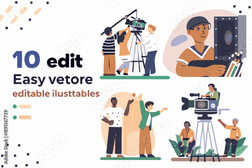 Filmmaking and video production illustration with diverse crew members and equipment