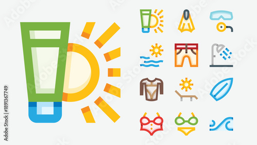 Beach day and summer leisure icons set