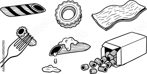 Line art hand drawn rigatoni and penne assortment with fork, sauce drip and open box top view sketch minimal monochrome
