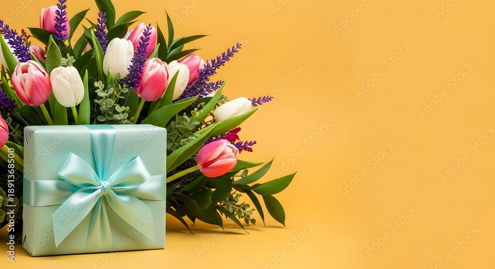 Obraz premium Beautiful mother's day background with flowers and gift