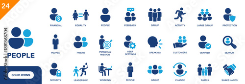 People icon. Includes user, group, activity, friend, family, feedback. Solid vector icons collection.