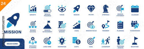Mission icon. Includes vision, values, strategy, team mission, milestone, goal. Solid vector icons collection.