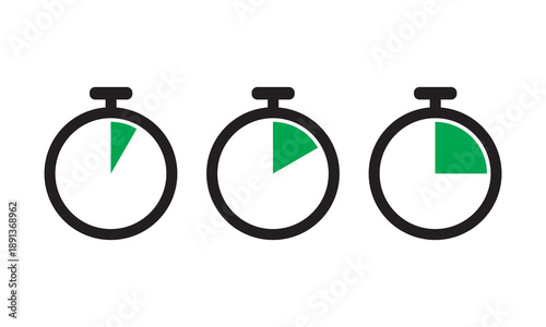 Fotografi Three progression circles with green segments isolated on white background