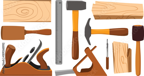 *Woodworking Tools Icon Set – Planes, Chisels, Mallets, and Wood Pieces