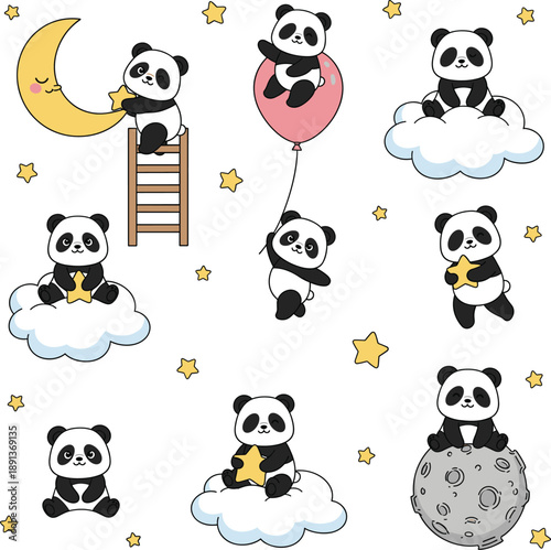 Cute panda cartoon characters dreaming in night sky with moon stars clouds vector illustration
