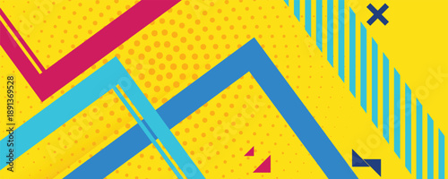 Headline presentation abstract yellow. Vector abstract background texture design, bright poster, banner yellow background, pink and blue stripes and shapes. Hipster modern geometric abstract.