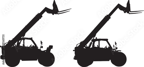 Black Silhouette of Two Telehandler Forklifts on White Background, Vector Illustration