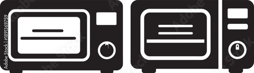 Pair of black and white vector icons representing toaster ovens with glass doors and controls, perfect for kitchen appliance websites or menus.