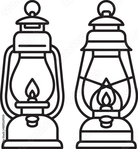 A pair of vintage kerosene lantern illustrations in outline style, ideal for camping, adventure, or rustic design projects.