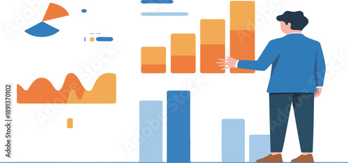 Financial Presentation Vector Illustration – Man Analyzing Charts on Screen