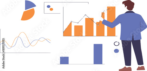 Financial Presentation Vector Illustration – Man Analyzing Charts on Screen