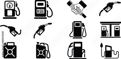 Vector set of twelve fuel and gas station icons featuring pumps, nozzles, and jerry cans in black silhouette style for transportation and energy industry use.