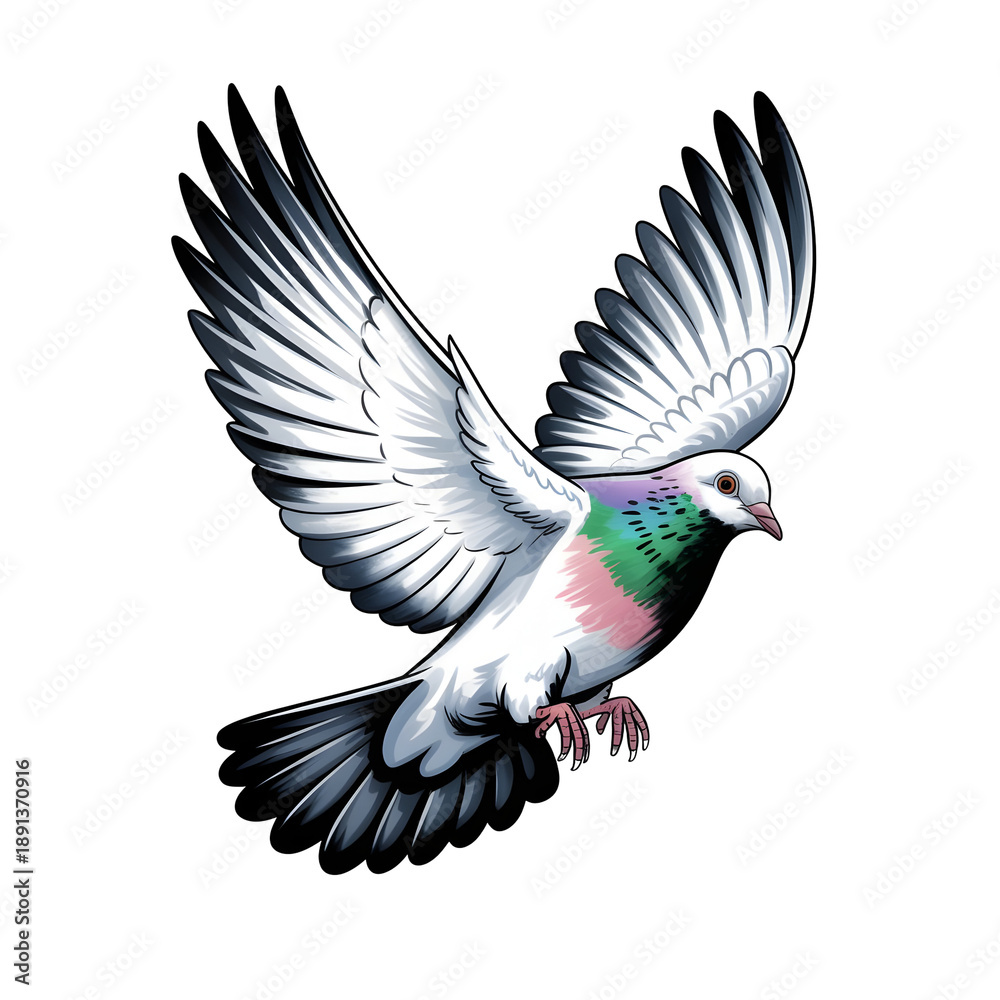 Obraz premium White Racing Pigeon with Iridescent Neck Feathers Flying, Isolated on Transparent Background