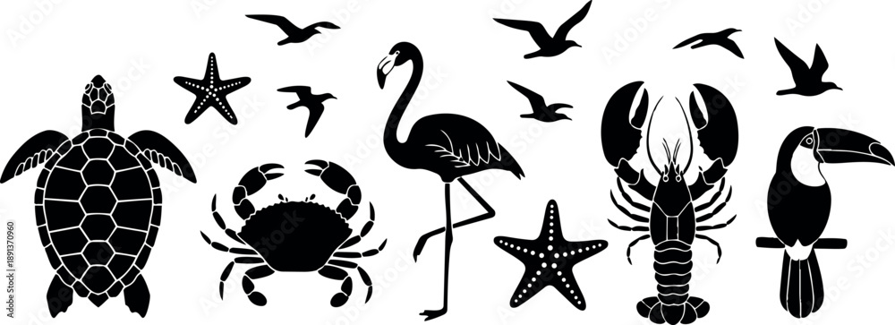 Obraz premium Silhouette style flat design sea turtle, crab, flamingo, starfish, lobster, toucan, and flying seabirds isolated on light background