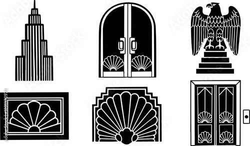 Art deco style vintage geometric empire state building eagle door window shell decorative architectural elements vector set