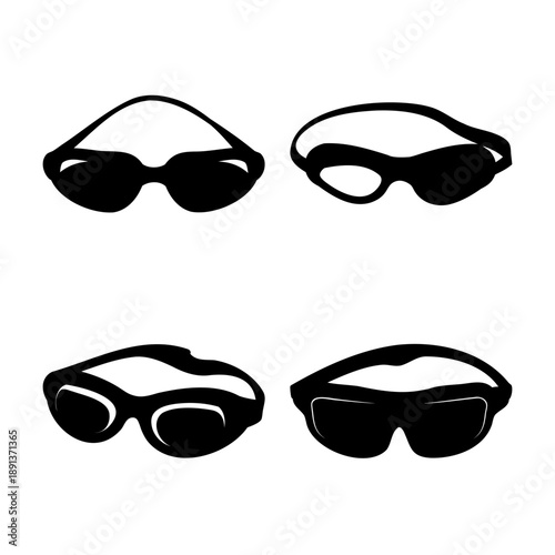 Diverse collection of black silhouette designs featuring various styles of goggles and protective eyewear