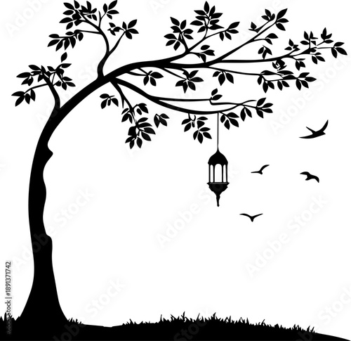 Tree with Hanging Lantern and Birds Silhouette Vector Illustration
