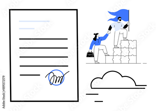 Business growth, teamwork, leadership, partnership, success, collaboration. A signed document and two people on puzzle steps with a flag. Business growth and teamwork concept