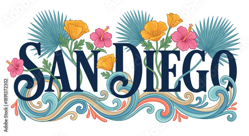 San Diego typography with tropical flowers and waves vector illustration