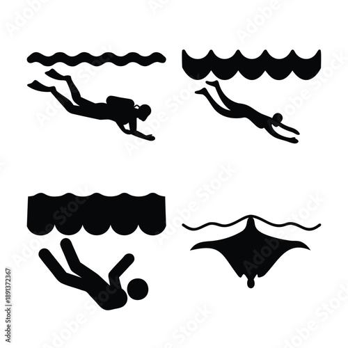 Underwater activities, safety, and marine life with diver, swimmer, and manta ray icons