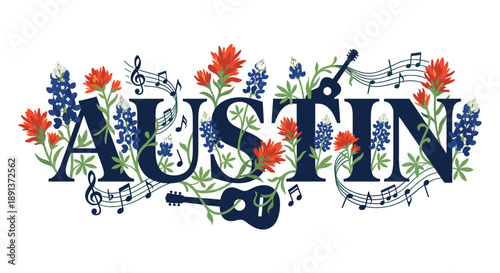 Austin Texas typography with wildflowers and music vector illustration