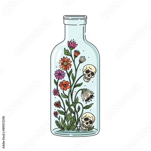 Floral Skull Jar: Macabre Botany and Life Cycle Art