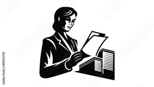 Professional businesswoman standing while carefully reviewing documents and reports in a formal setting